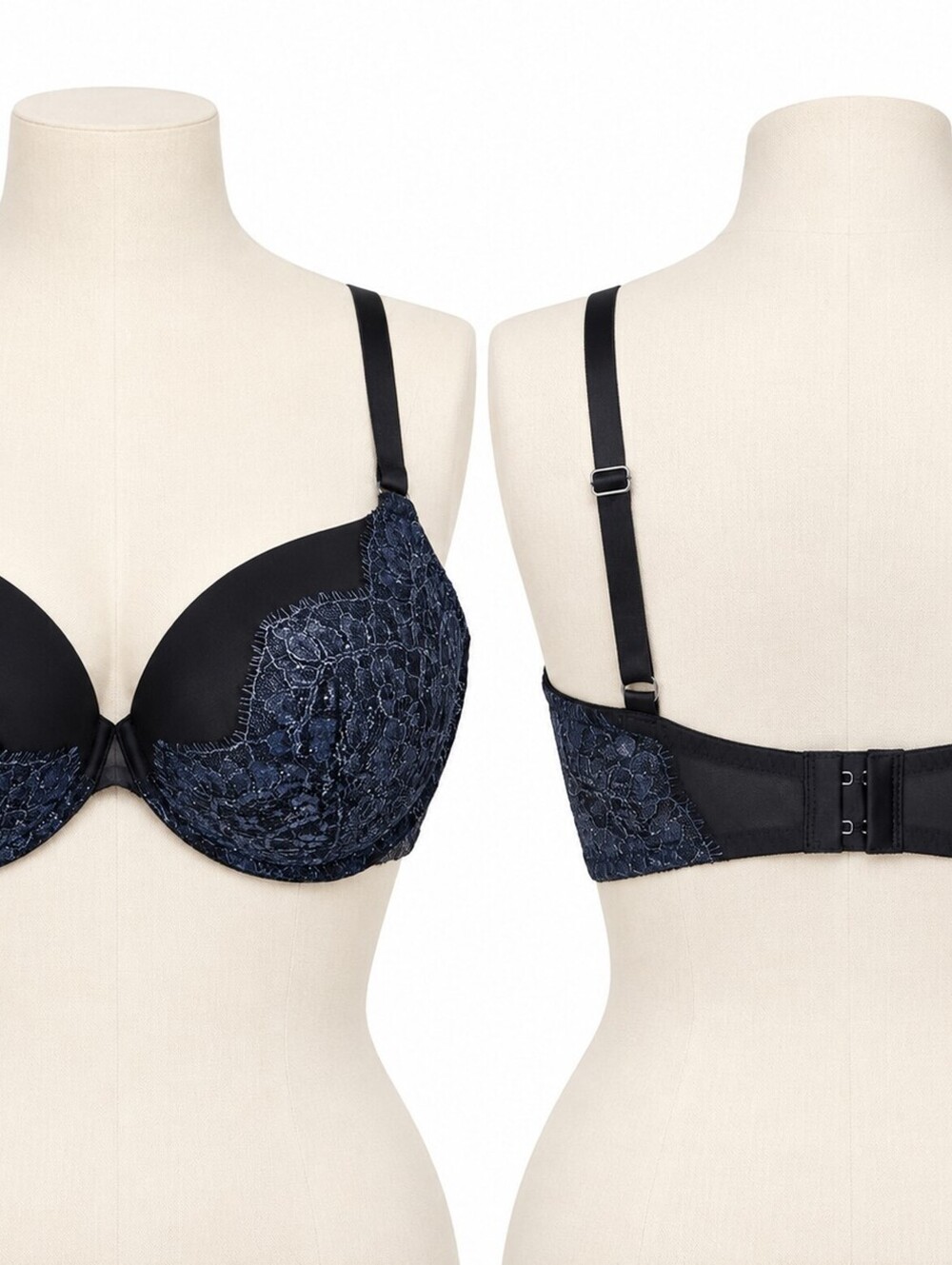 Victoria's Secret Very Sexy Push-Up Bra 38DD Black Navy Floral Lace Underwire